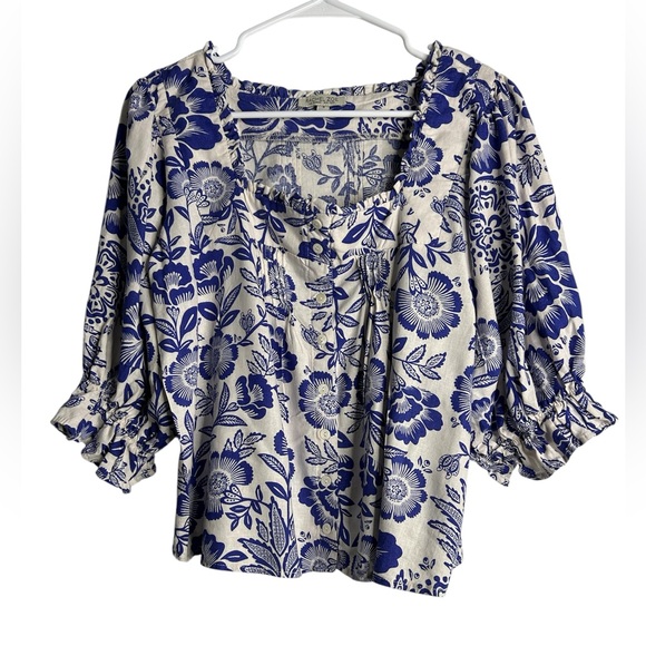 Rachel Zoe Tops - Rachel Zoe Blue & White Floral Puff Sleeve Crop Blouse – Size S